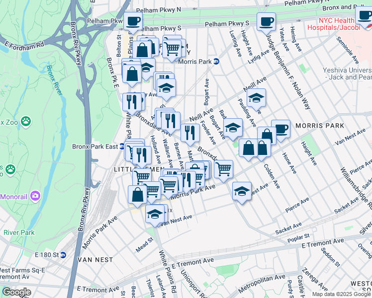 map of restaurants, bars, coffee shops, grocery stores, and more near 1952 Bronxdale Avenue in Bronx