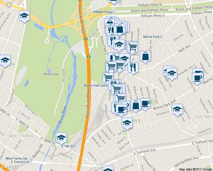 map of restaurants, bars, coffee shops, grocery stores, and more near 1944 Unionport Road in Bronx