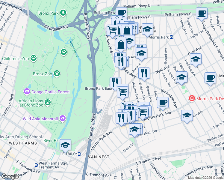 map of restaurants, bars, coffee shops, grocery stores, and more near 1944 Unionport Road in Bronx