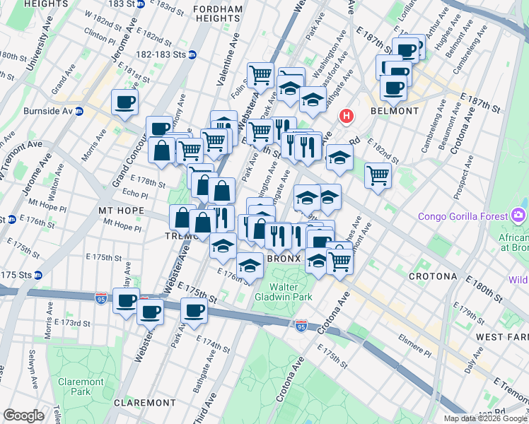 map of restaurants, bars, coffee shops, grocery stores, and more near 2027 Bathgate Avenue in Bronx