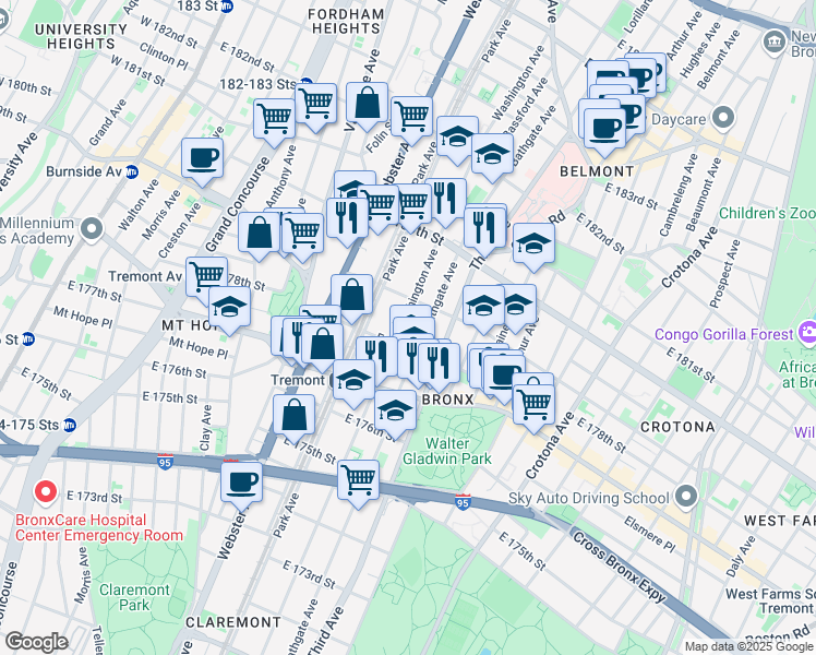 map of restaurants, bars, coffee shops, grocery stores, and more near 4294 Park Avenue in Bronx