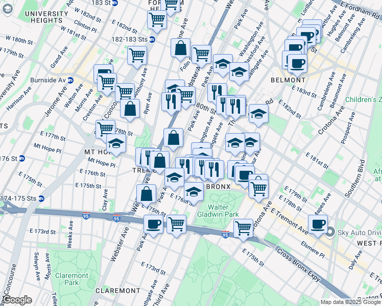 map of restaurants, bars, coffee shops, grocery stores, and more near 4294 Park Avenue in Bronx