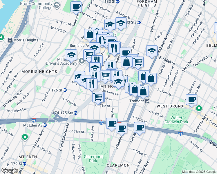 map of restaurants, bars, coffee shops, grocery stores, and more near in The Bronx