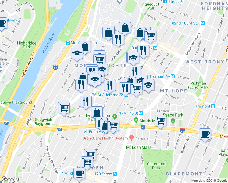map of restaurants, bars, coffee shops, grocery stores, and more near in The Bronx