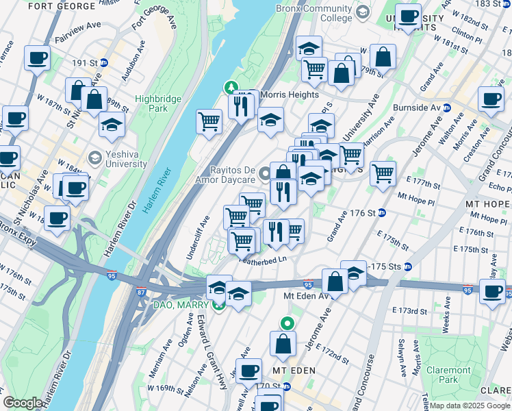 map of restaurants, bars, coffee shops, grocery stores, and more near 150 West 176th Street in Bronx