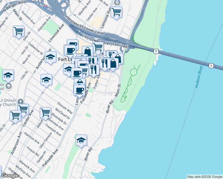 map of restaurants, bars, coffee shops, grocery stores, and more near 1635 Federspiel Street in Fort Lee