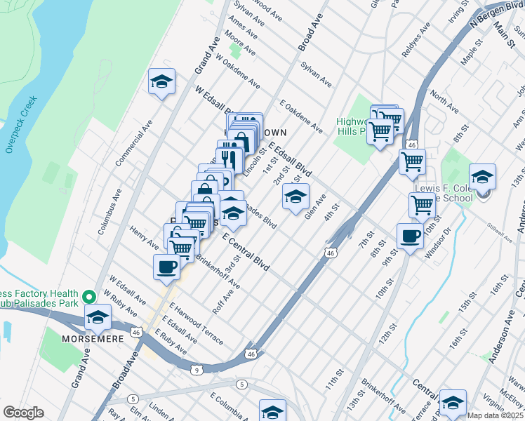 map of restaurants, bars, coffee shops, grocery stores, and more near 428 2nd Street in Palisades Park