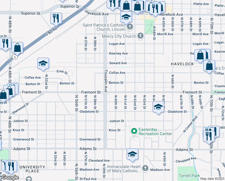 map of restaurants, bars, coffee shops, grocery stores, and more near 3629 North 60th Street in Lincoln