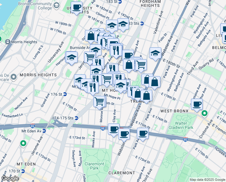 map of restaurants, bars, coffee shops, grocery stores, and more near in The Bronx