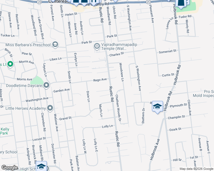 map of restaurants, bars, coffee shops, grocery stores, and more near 130 Rustic Road in Centereach