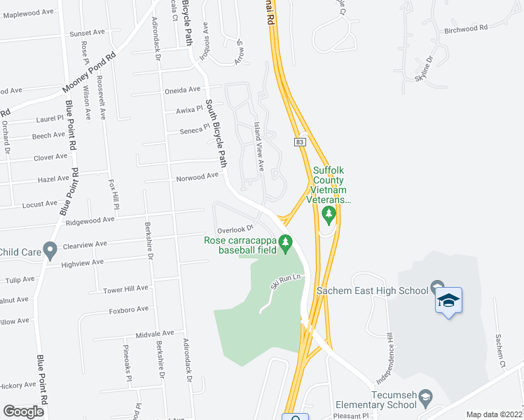 map of restaurants, bars, coffee shops, grocery stores, and more near 6 Overlook Drive in Farmingville