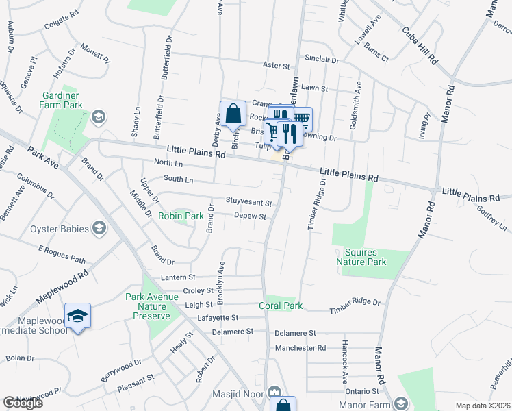 map of restaurants, bars, coffee shops, grocery stores, and more near 36 South Lane in Huntington