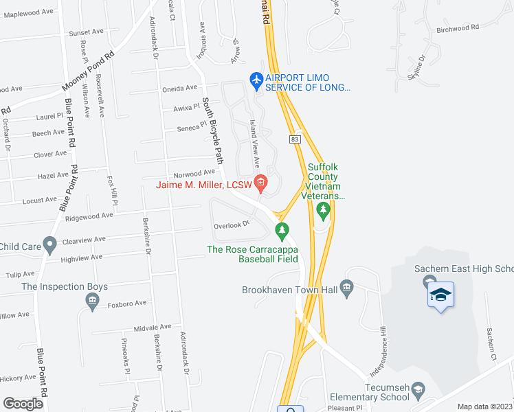 map of restaurants, bars, coffee shops, grocery stores, and more near 5 Overlook Drive in Farmingville