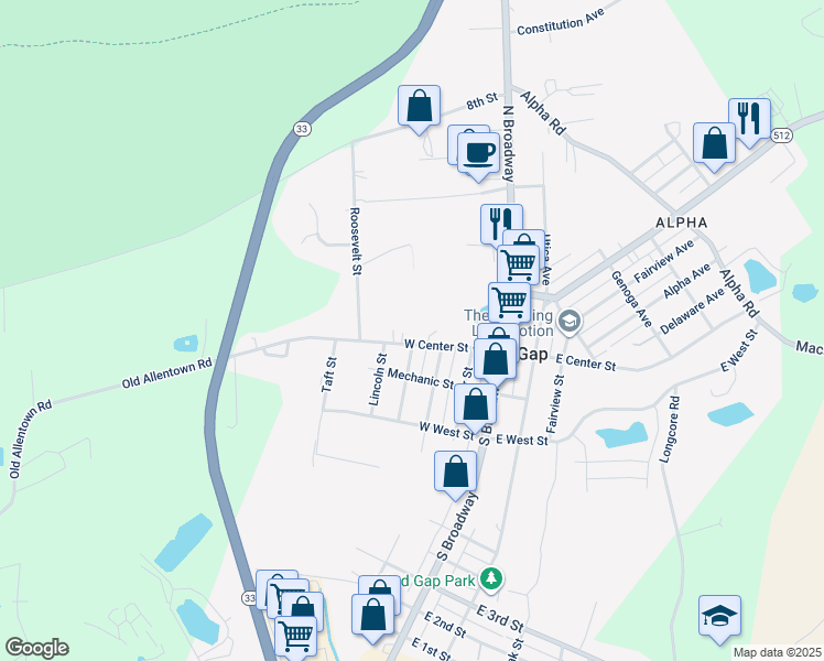 map of restaurants, bars, coffee shops, grocery stores, and more near 308 West Center Street in Wind Gap
