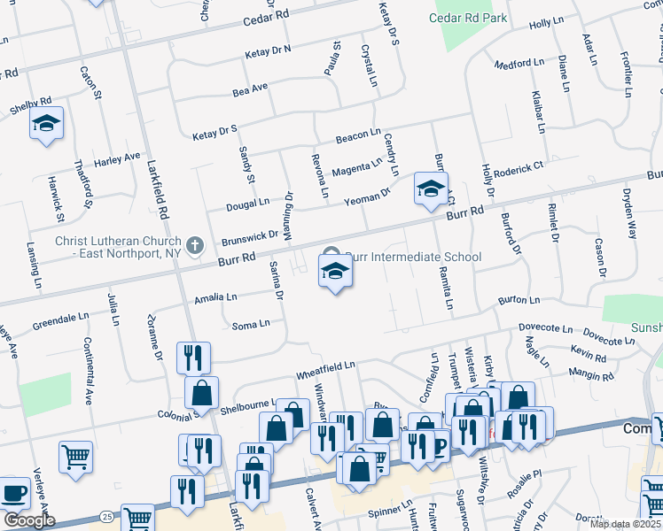 map of restaurants, bars, coffee shops, grocery stores, and more near 202 Burr Road in Commack