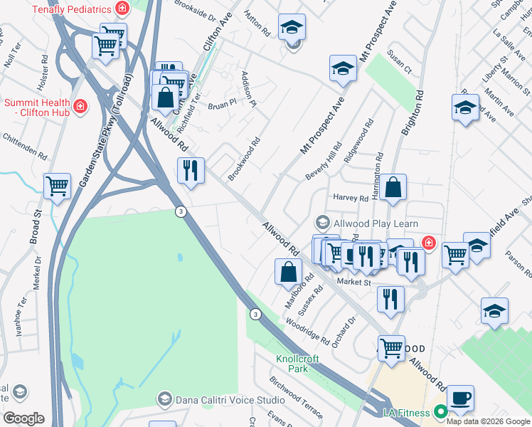 map of restaurants, bars, coffee shops, grocery stores, and more near 596 Mount Prospect Avenue in Clifton