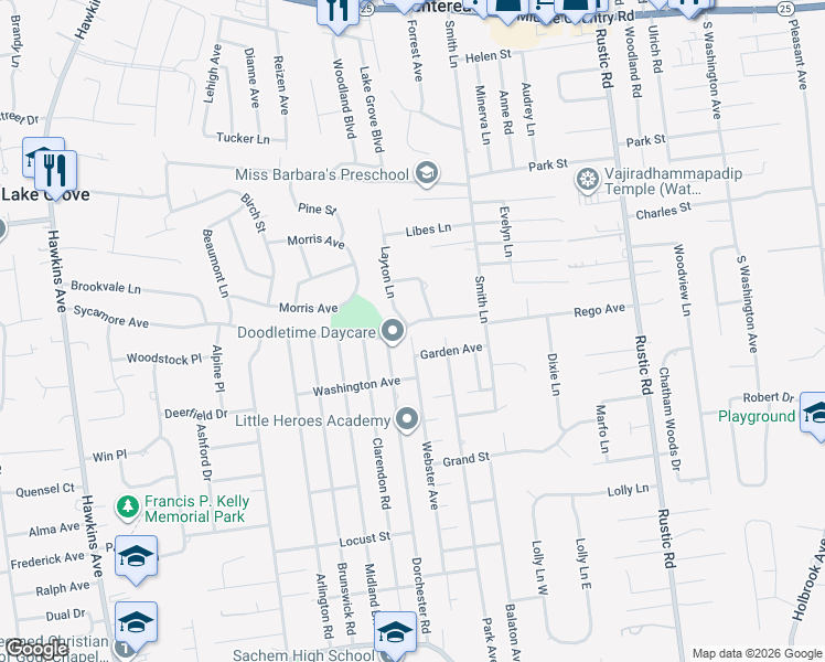 map of restaurants, bars, coffee shops, grocery stores, and more near 14 Sycamore Avenue in Centereach