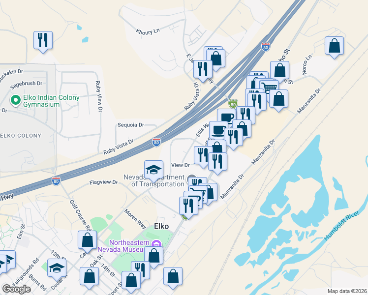 map of restaurants, bars, coffee shops, grocery stores, and more near 2019 Terrace Circle in Elko
