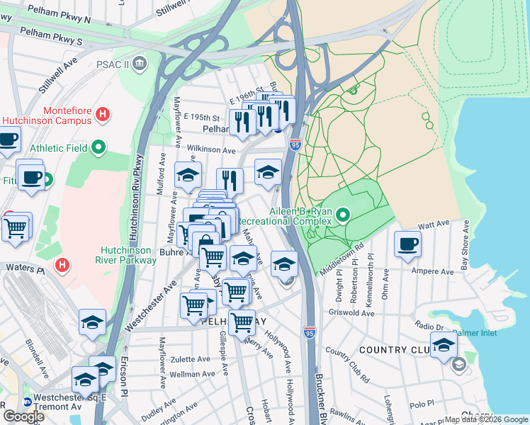 map of restaurants, bars, coffee shops, grocery stores, and more near 1811 Willow Lane in Bronx