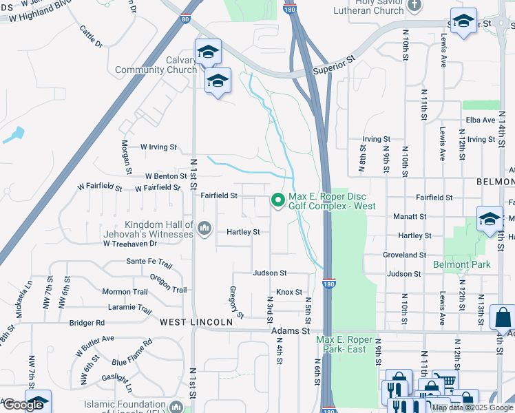 map of restaurants, bars, coffee shops, grocery stores, and more near 255 Fairfield Street in Lincoln