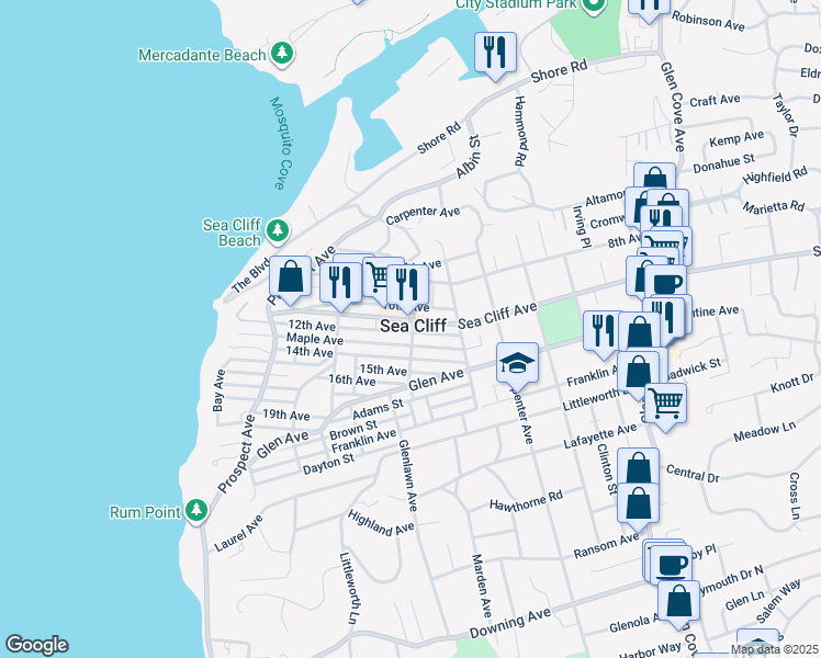map of restaurants, bars, coffee shops, grocery stores, and more near 54 Roslyn Avenue in Sea Cliff