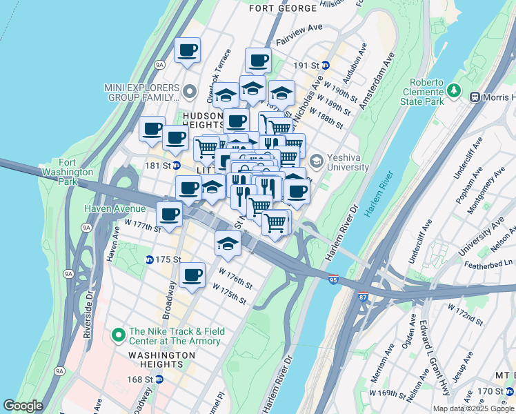 map of restaurants, bars, coffee shops, grocery stores, and more near 560 West 181st Street in New York