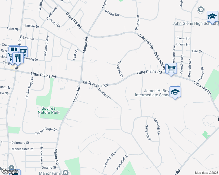 map of restaurants, bars, coffee shops, grocery stores, and more near 263 Little Plains Road in Huntington