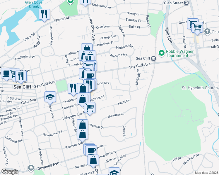 map of restaurants, bars, coffee shops, grocery stores, and more near 37 Valentine Avenue in Glen Cove