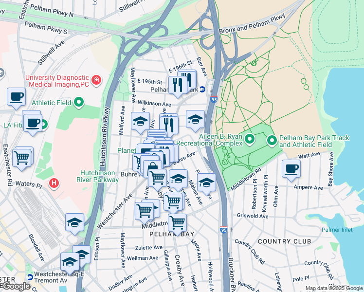 map of restaurants, bars, coffee shops, grocery stores, and more near 3111 Willow Lane in Bronx