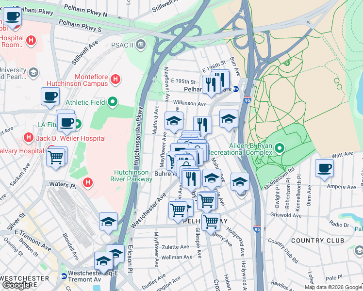 map of restaurants, bars, coffee shops, grocery stores, and more near 1900 Pilgrim Avenue in Bronx