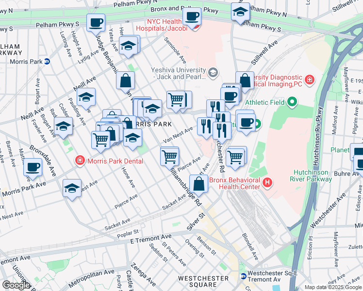 map of restaurants, bars, coffee shops, grocery stores, and more near 1656 Hering Avenue in Bronx