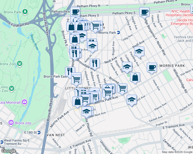 map of restaurants, bars, coffee shops, grocery stores, and more near 1981 Bronxdale Avenue in The Bronx