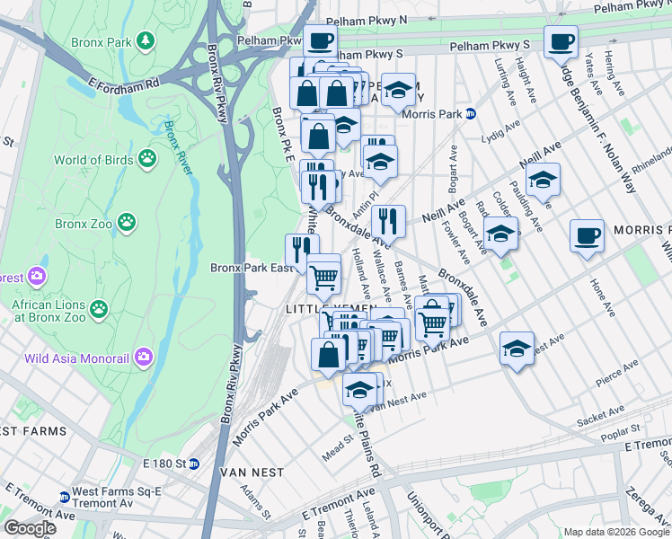 map of restaurants, bars, coffee shops, grocery stores, and more near 1963 Hunt Avenue in Bronx