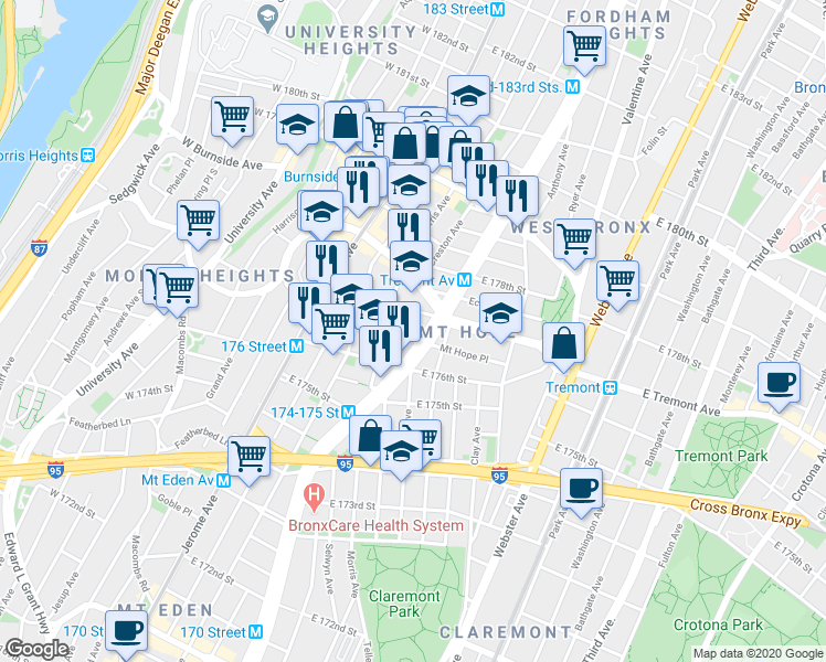 map of restaurants, bars, coffee shops, grocery stores, and more near 1895 Grand Concourse in The Bronx