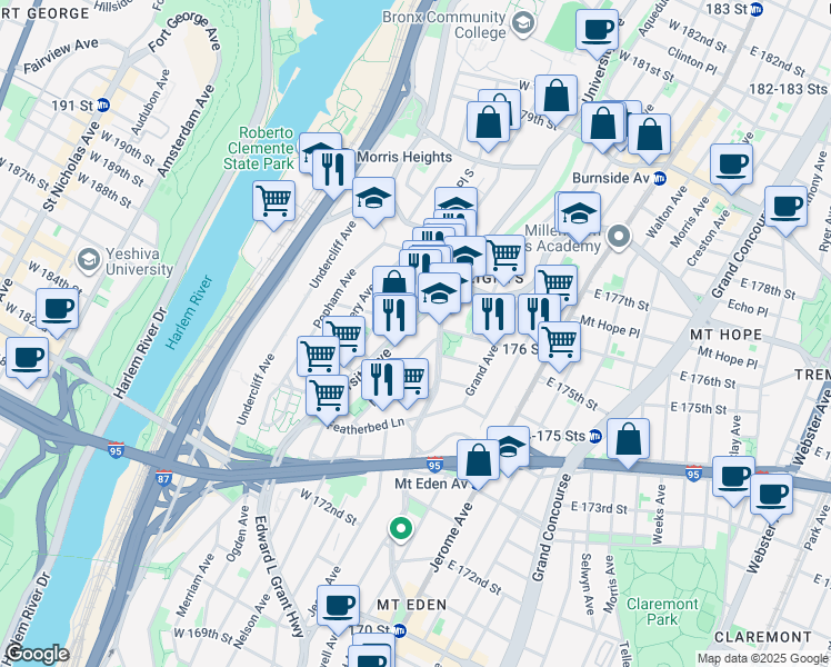 map of restaurants, bars, coffee shops, grocery stores, and more near 1750 University Avenue in The Bronx