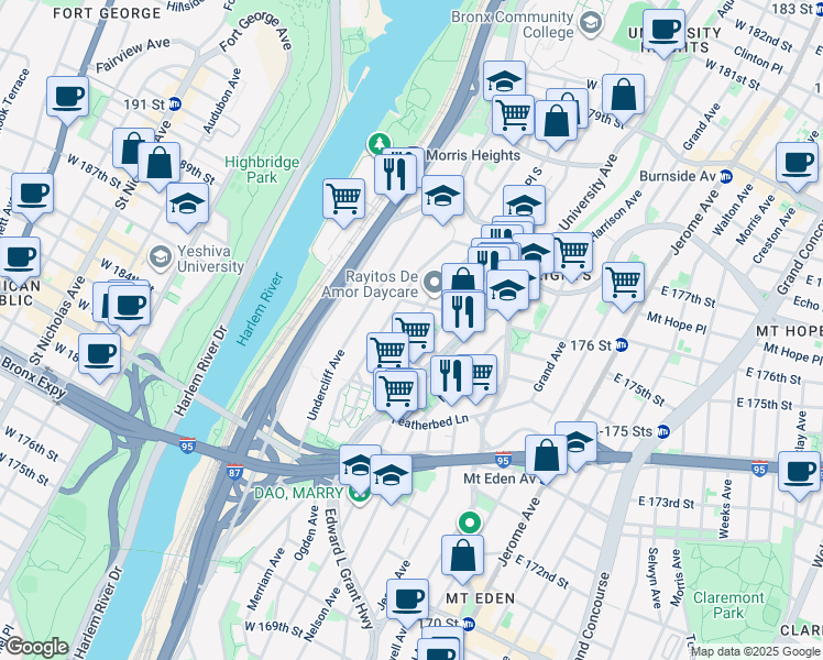 map of restaurants, bars, coffee shops, grocery stores, and more near 150 West 176th Street in Bronx