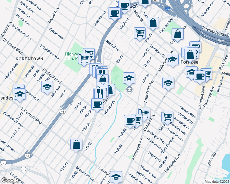 map of restaurants, bars, coffee shops, grocery stores, and more near 1548-500 Stillwell Avenue in Fort Lee