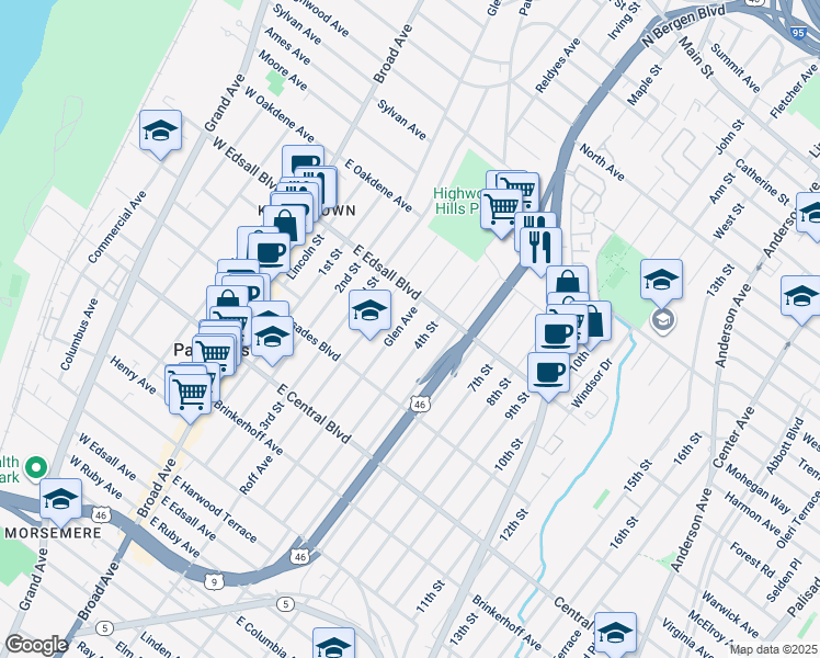 map of restaurants, bars, coffee shops, grocery stores, and more near 467 Glen Avenue in Palisades Park
