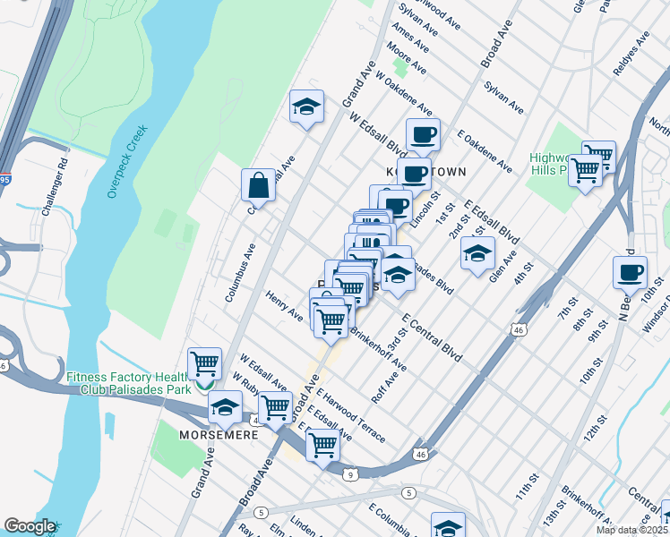 map of restaurants, bars, coffee shops, grocery stores, and more near 51A East Central Boulevard in Palisades Park
