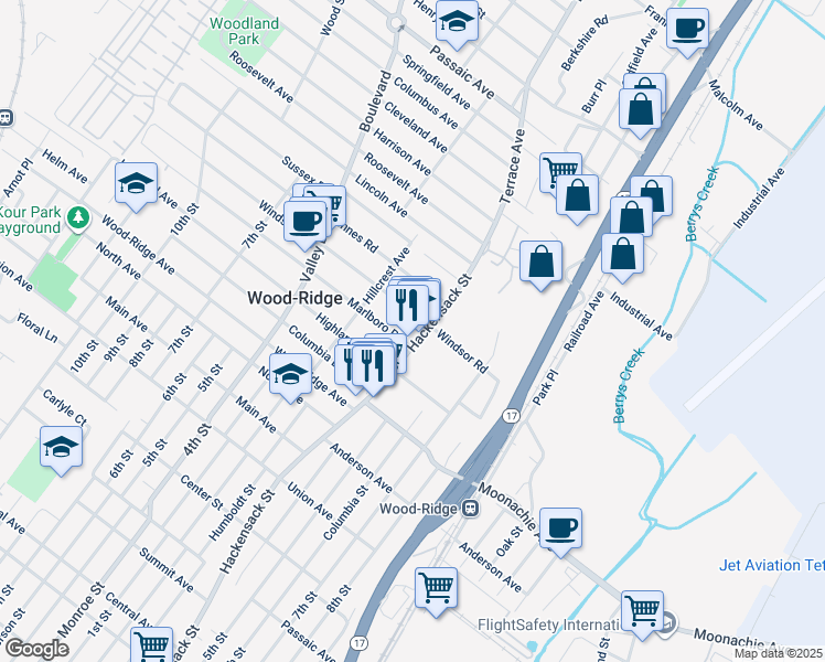 map of restaurants, bars, coffee shops, grocery stores, and more near 285 Hackensack Street in Wood-Ridge