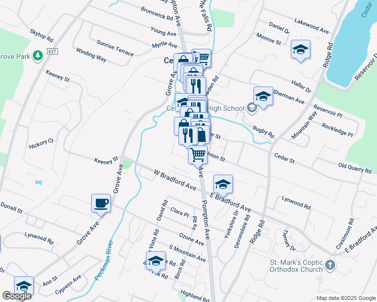 map of restaurants, bars, coffee shops, grocery stores, and more near 10 Robin Lane in Cedar Grove