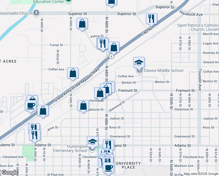 map of restaurants, bars, coffee shops, grocery stores, and more near 3635 North 49th Street in Lincoln