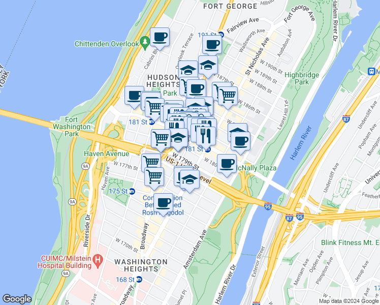 map of restaurants, bars, coffee shops, grocery stores, and more near 129 Wadsworth Avenue in New York