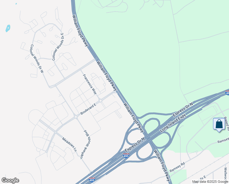 map of restaurants, bars, coffee shops, grocery stores, and more near Meadows Boulevard East in Yaphank