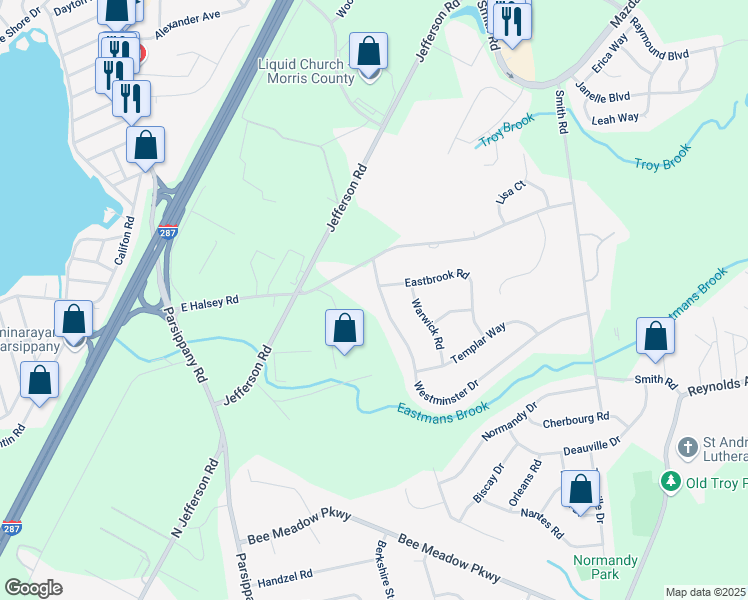 map of restaurants, bars, coffee shops, grocery stores, and more near 4 Westminster Drive in Parsippany-Troy Hills