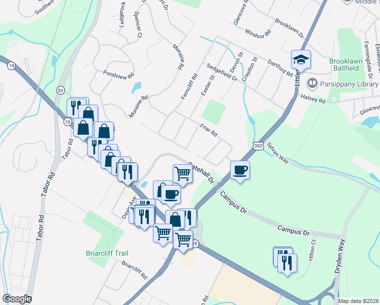 map of restaurants, bars, coffee shops, grocery stores, and more near 10 Crawford Road in Morris Plains