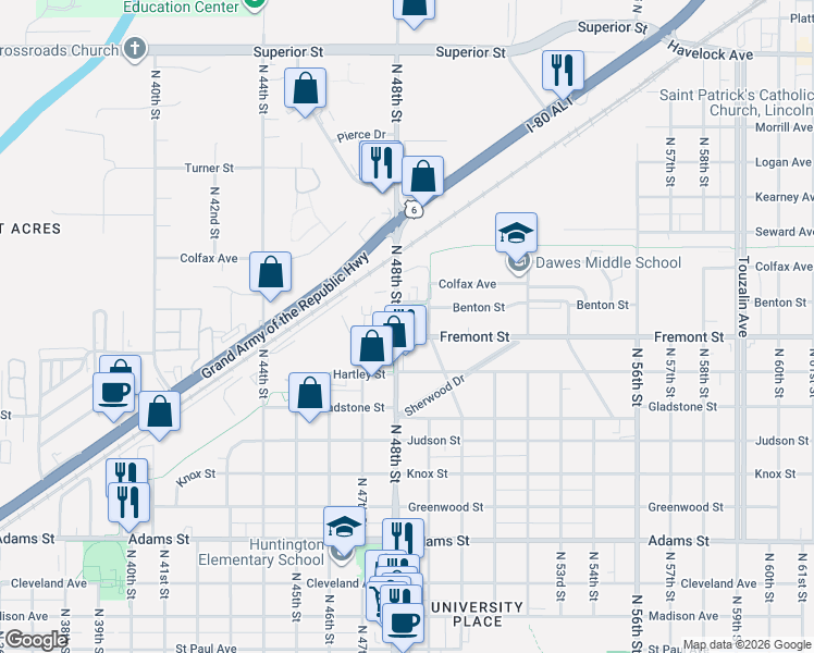 map of restaurants, bars, coffee shops, grocery stores, and more near 3635 North 49th Street in Lincoln
