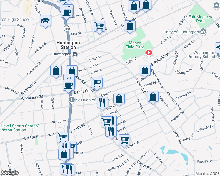 map of restaurants, bars, coffee shops, grocery stores, and more near 98 East Pulaski Road in Huntington Station