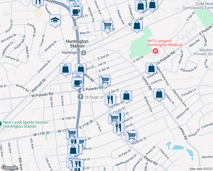 map of restaurants, bars, coffee shops, grocery stores, and more near 76 East Pulaski Road in Huntington Station