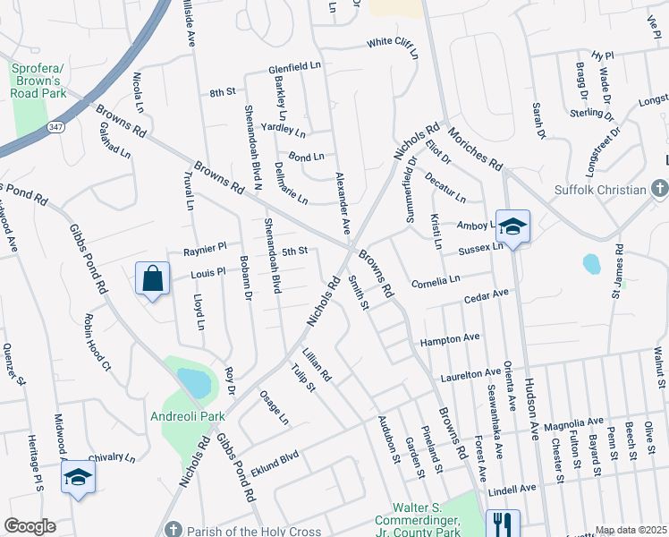 map of restaurants, bars, coffee shops, grocery stores, and more near 206 Nichols Road in Nesconset